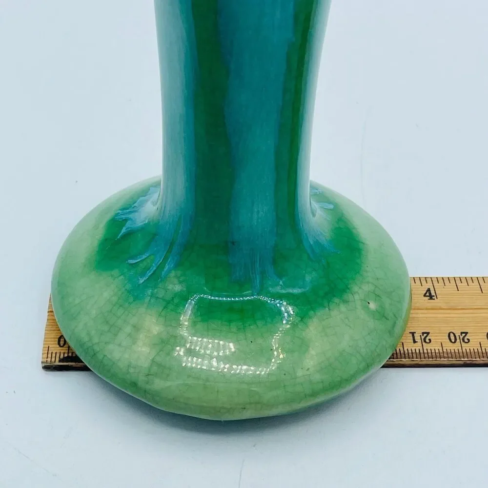 Vintage Blue Green Teal Drip Glazed Flare Top Vase 7” Marked X on Bottom